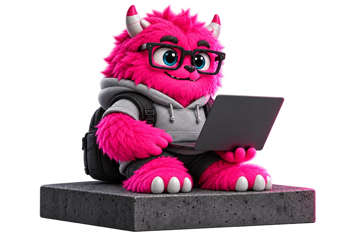 Omnixco’s pink furry mascot with glasses, grey hoodie and laptop in softly lit charcoal surroundings