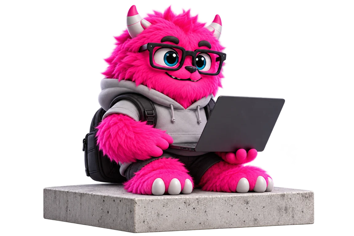 Omnixco’s pink monster in a grey hoodie working on a laptop