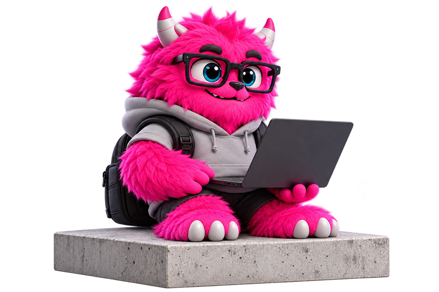 Omnixco’s pink furry mascot with glasses and a grey hoodie, working with a laptop on a studio plinth