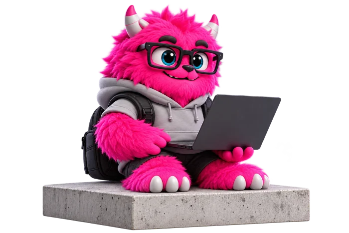Omnixco’s pink monster with glasses and a grey hoodie