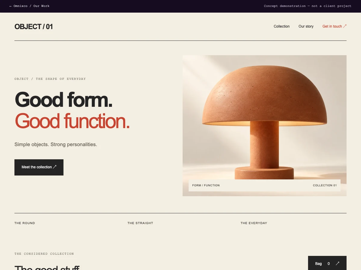 Actual browser capture of the OBJECT / 01 concept website